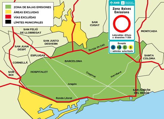 Mapa de la ZBE Rondas de Barcelona con perímetro y Ronda de Dalt (B-20) y Ronda Litoral (B-10) marcadas